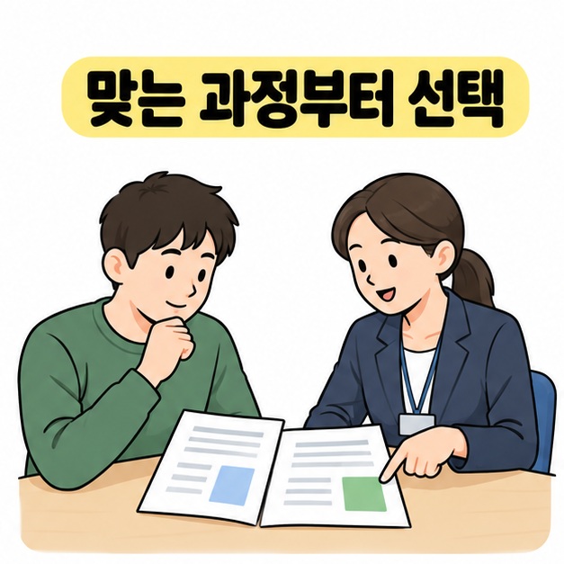 수강생과 상담자가 책상 위 교육 안내 자료를 함께 살펴보며 과정을 상담하는 모습