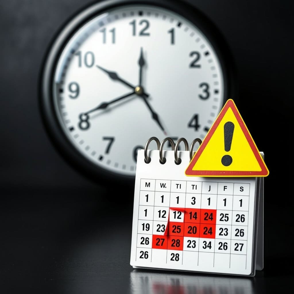 시계를 배경으로 하거나, 캘린더에 마감일이 강조되어 있는 모습을 그립니다. 그 옆에 과태료를 상징하는 느낌표나 경고 아이콘을 넣어 기한 내 신고의 중요성을 시각적으로 전달합니다. 다소 진지하고 주의를 요하는 분위기를 표현합니다.