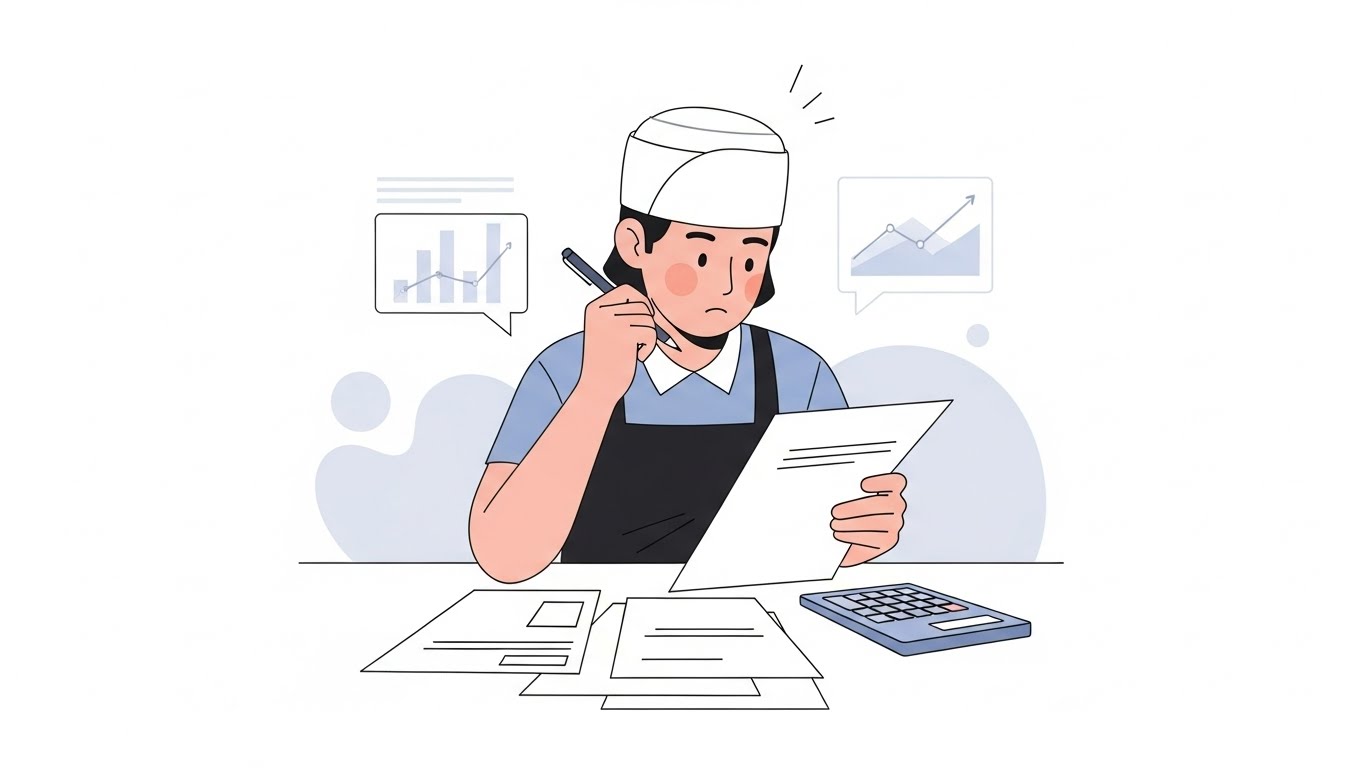 외식업 관련 비용 자료를 살펴보며 부담 요인을 정리하는 장면입니다.