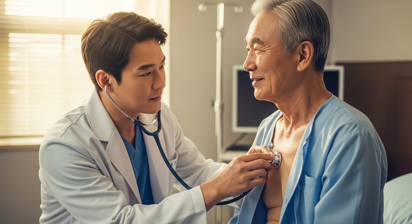 의사가 노인 환자의 가슴에 청진기를 대고 건강검진을 하는 모습