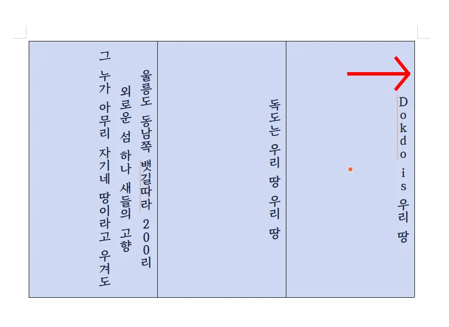 한글에서 표 안에 있는 글을 세로쓰기 설정 후 세로 정렬 모습