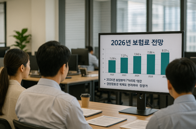 2026년 보험료 전망 자료를 모니터로 보며 정책 발표를 기다리는 사무실 풍경