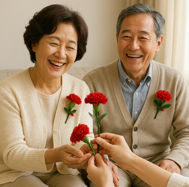부모님이 카네이션을 받고 있는 모습