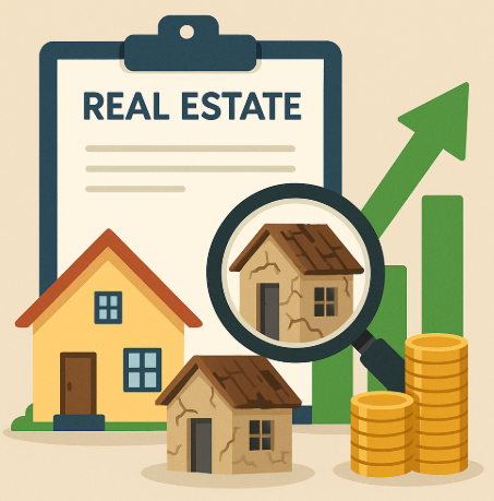 "농촌 빈집 실거래가를 표현한 일러스트, 부동산 서류와 돋보기, 관리된 주택과 노후 빈집, 상승 화살표와 동전 더미가 함께 배치된 디자인"