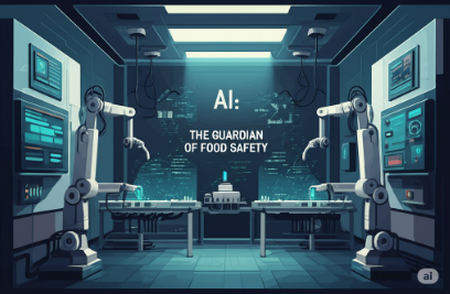 A vector illustration of a smart factory using AI for food safety, with the text 'AI: The Guardian of Food Safety
