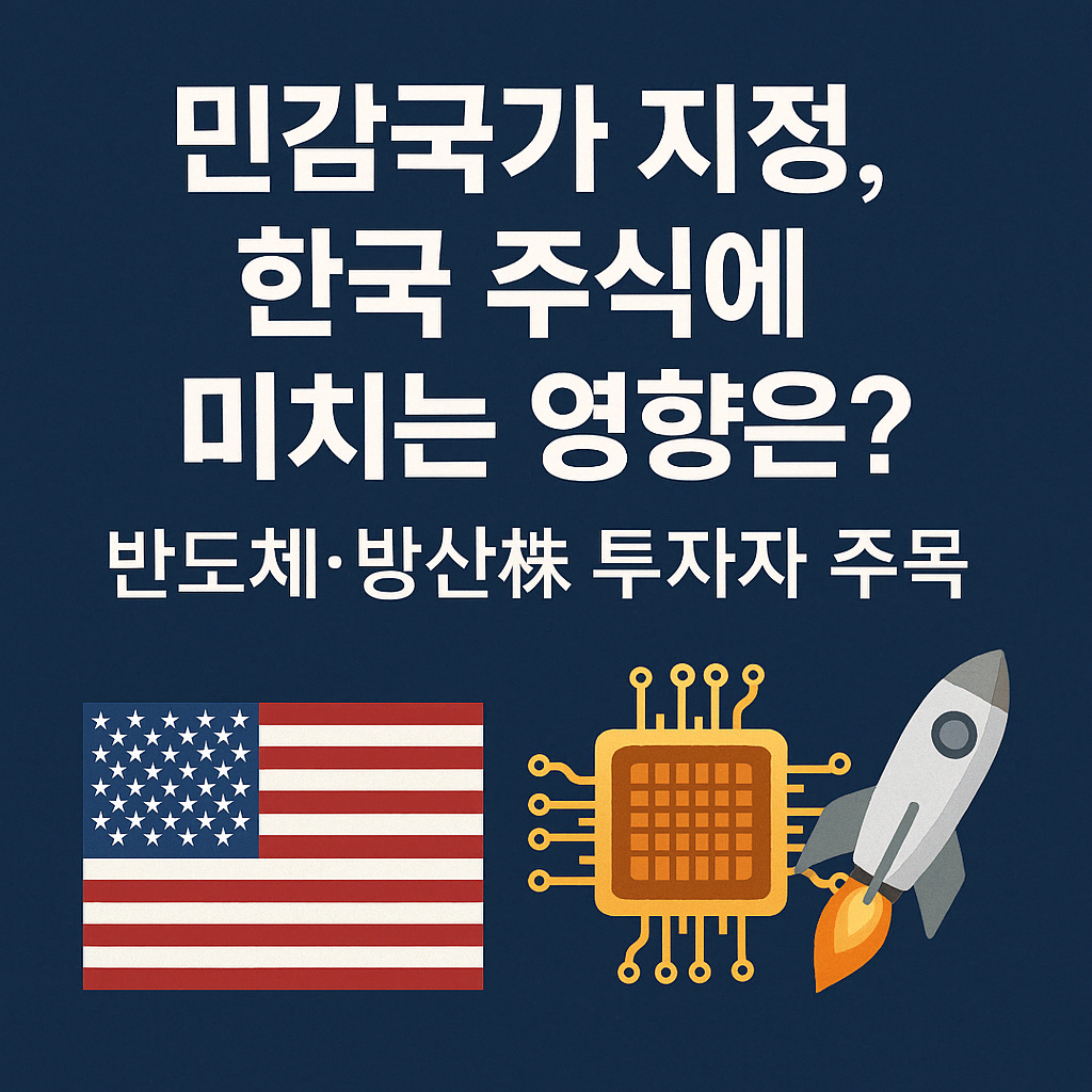짙은 남색 배경 위에 흰색 굵은 글씨로 “민감국가 지정, 한국 주식에 미치는 영향은? 반도체·방산株 투자자 주목”이라는 문구가 적혀 있고, 하단에는 미국 국기, 반도체 칩, 로켓 아이콘이 나란히 배치된 인포그래픽. 민감국가 지정 이슈가 반도체 및 방산 관련 주식에 미치는 영향을 시각적으로 강조함.