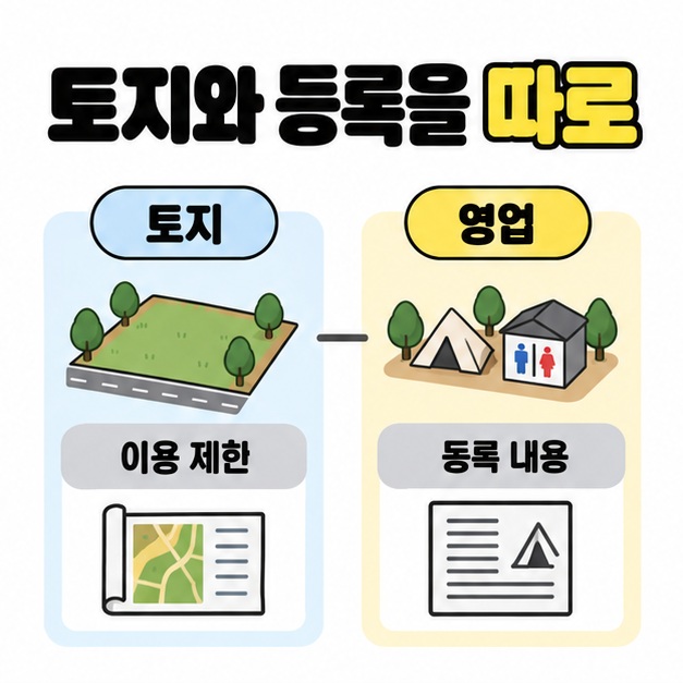 토지와 등록을 따로 제목 아래 토지의 이용 제한과 영업의 등록 내용을 지도와 서류 그림으로 구분한 두 열 도식