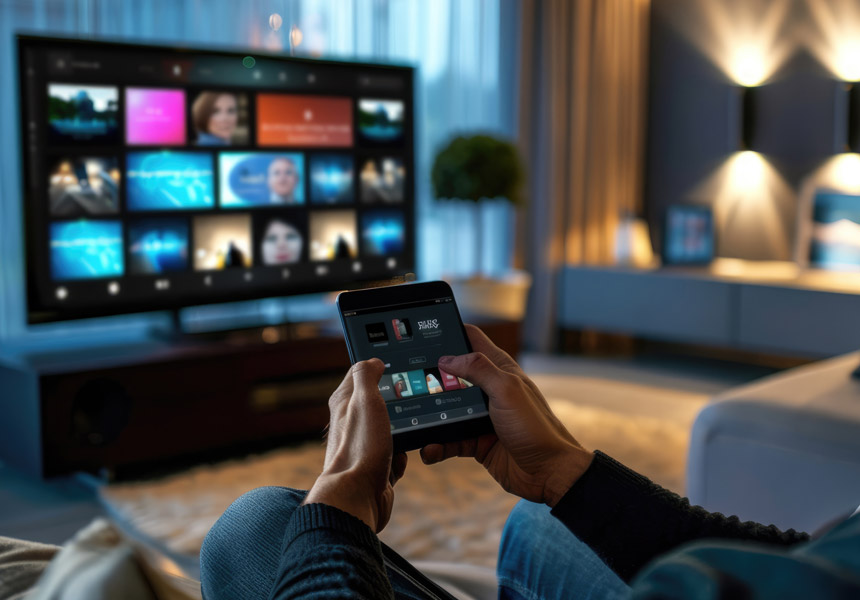 거실에서 태블릿과 TV로 스트리밍 서비스를 시청하는 모습