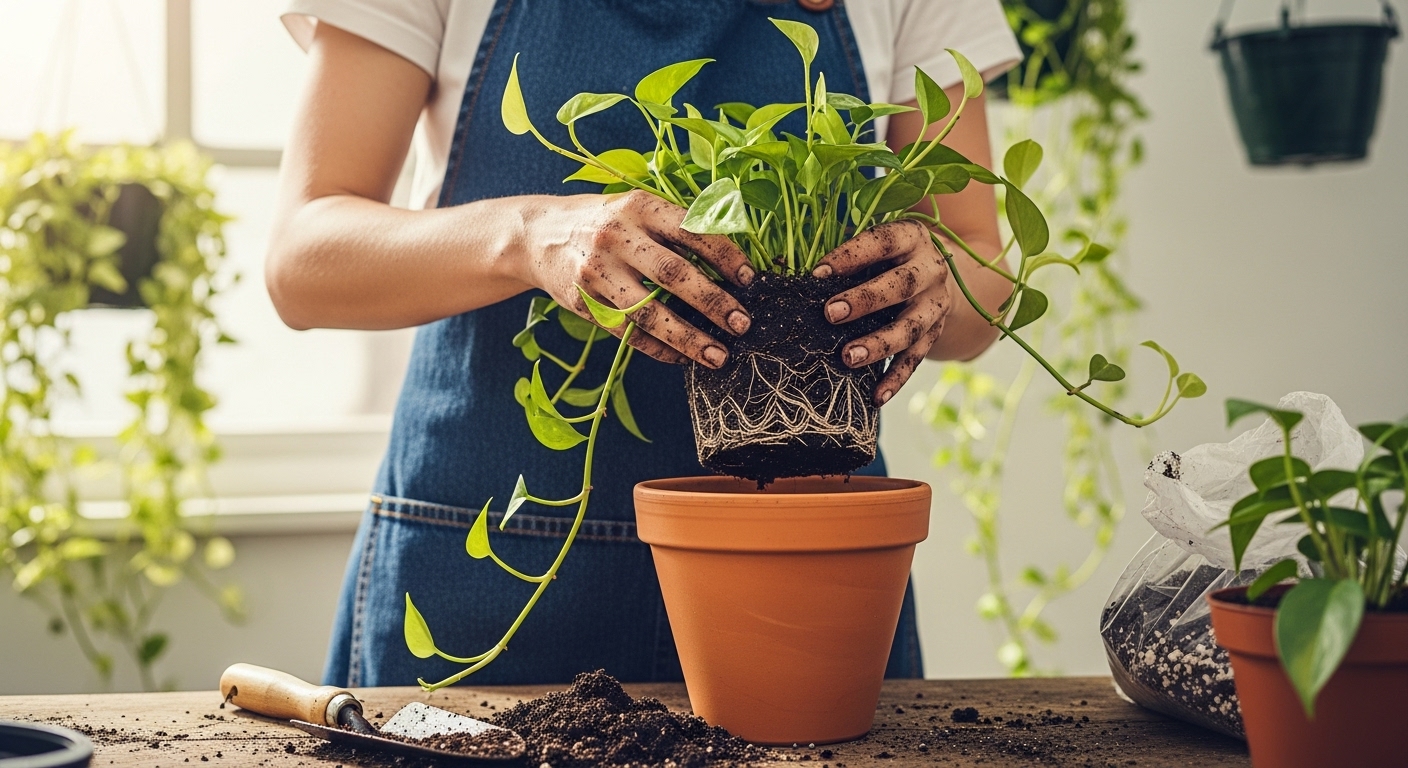 hanging-plant-repotting-roots-soil