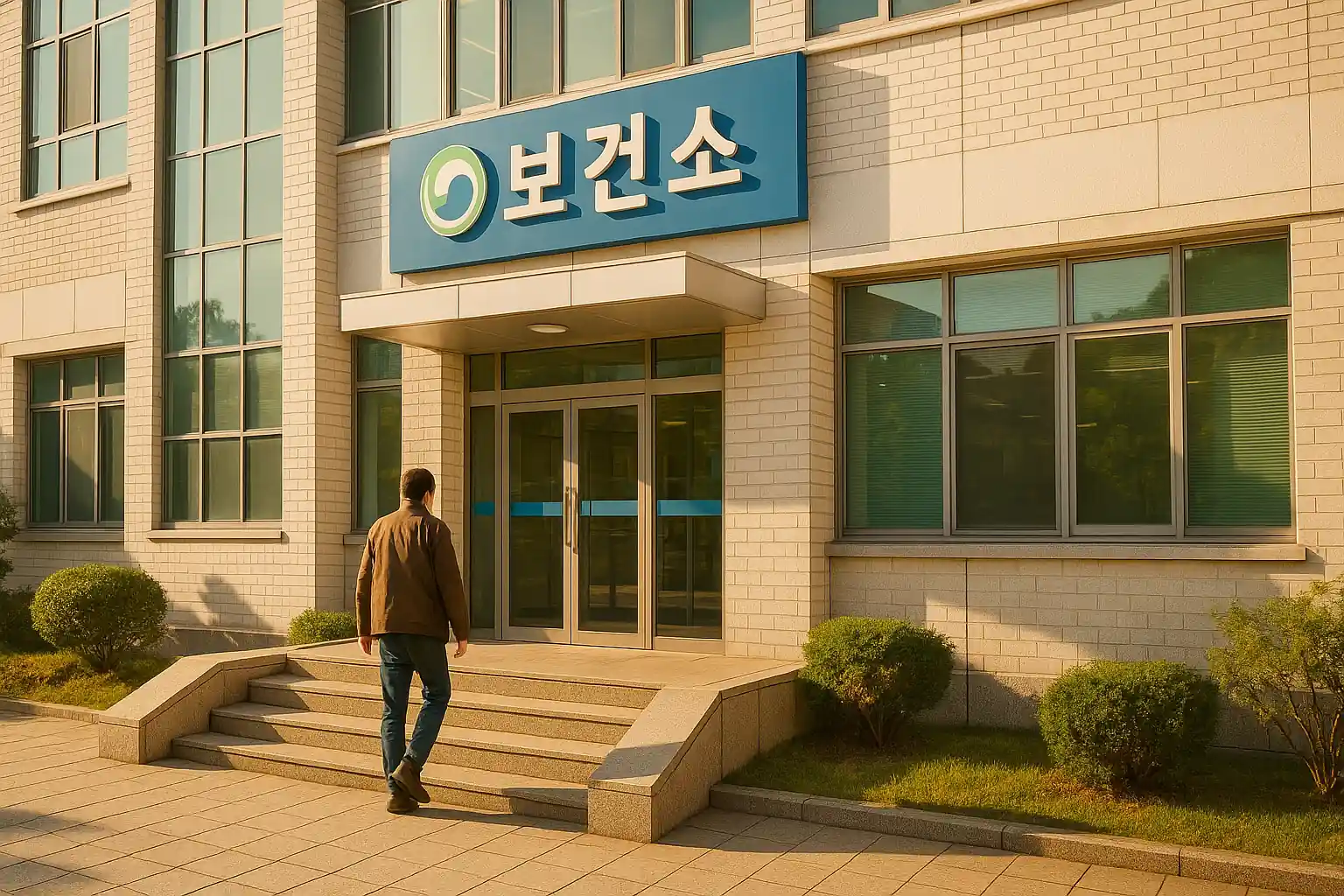 보건소 외관, 한국 관공서 느낌, 민원인 출입 장면, 햇살 가득한 이미지