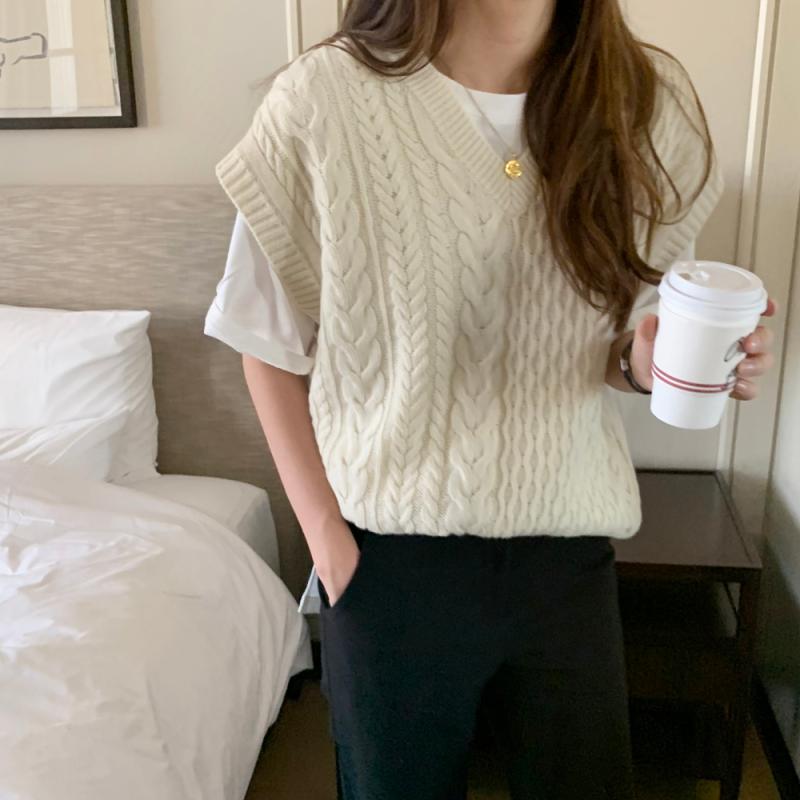 루즈핏 레이어드 여성 니트조끼 브이넥 꽈배기 니트베스트 울 쪼끼 오버핏 여자 베스트