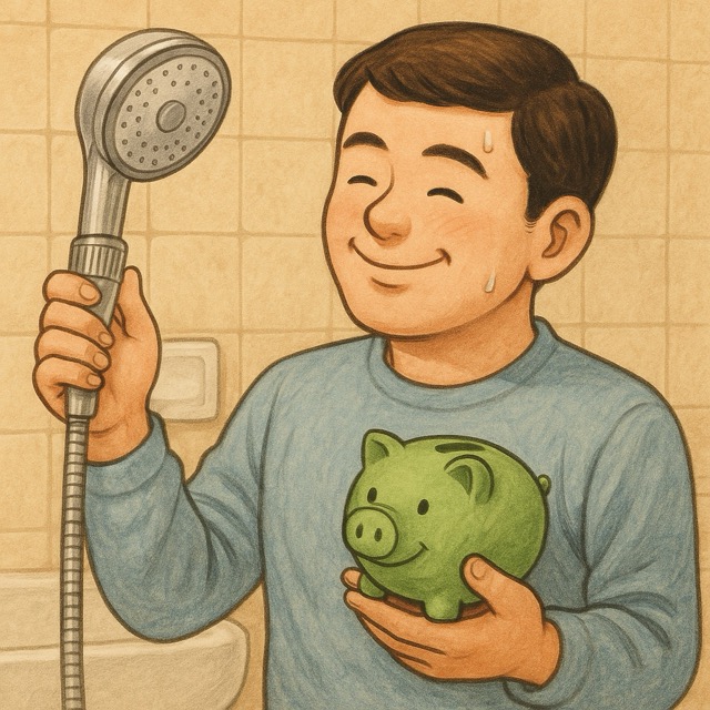 절수 노즐이 달린 샤워기를 바라보며 흐뭇하게 웃는 남성과 저금통