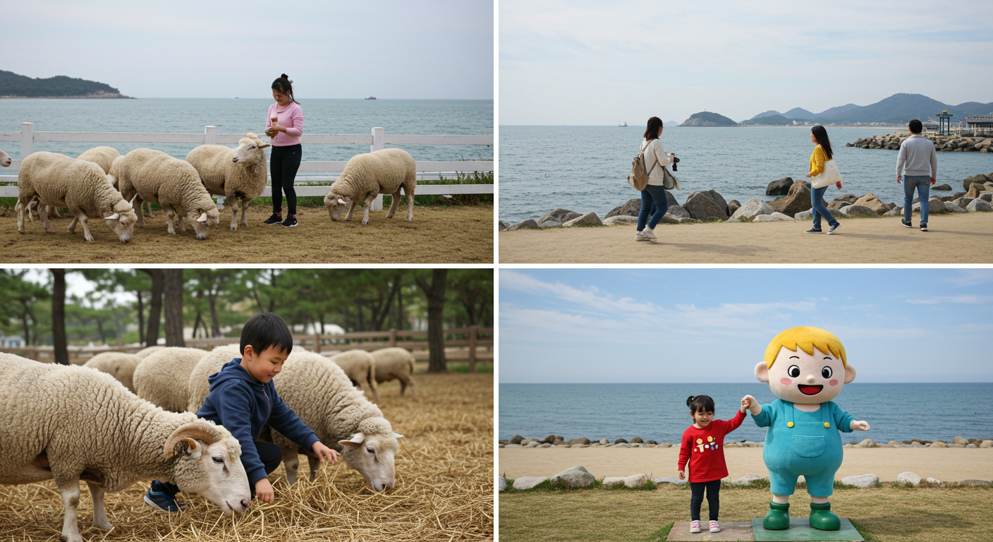 대관령 양떼목장에서 양에게 먹이를 주는 아이, 애니메이션 캐릭터와 놀고 있는 아이, 바다를 걷는 가족