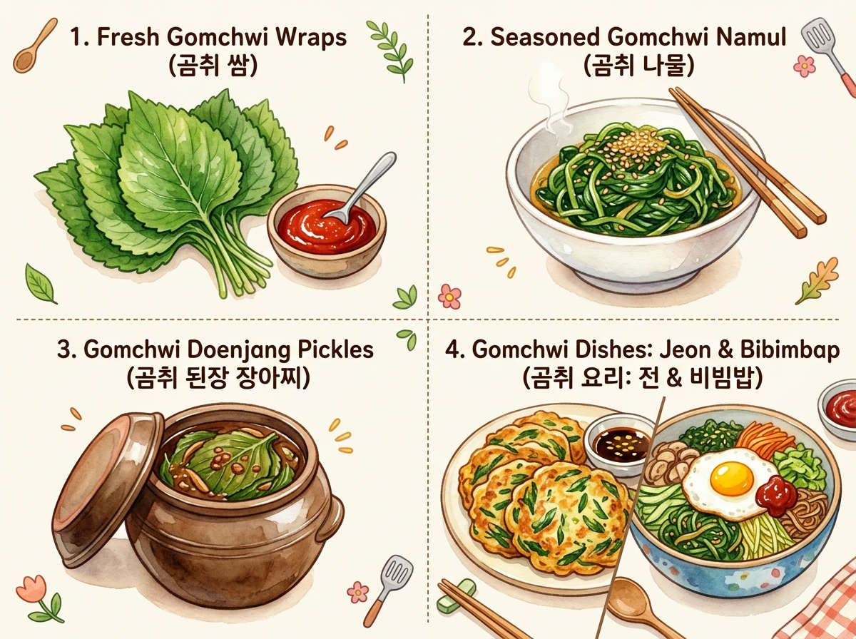 곰취 쌈, 곰취 나물, 곰취 된장 장아찌, 곰취 전, 곰취 비빔밥