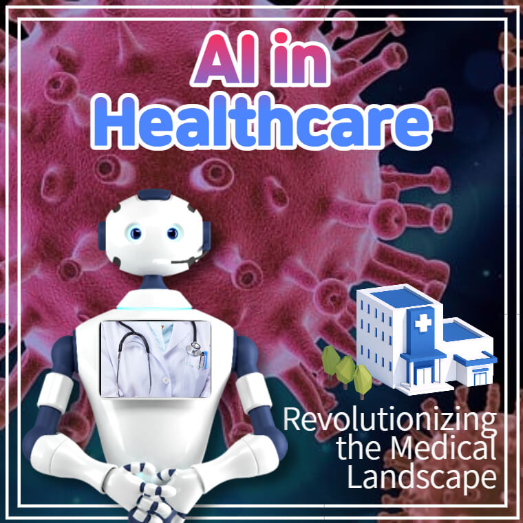 There-are-artificial-intelligence-robots-and-hospital-images-in-the-background-of-the-virus-image,-and-the-main-title-AI-in-Healthcare-subtitle-Revolutionizing-the-Medical-Landscape