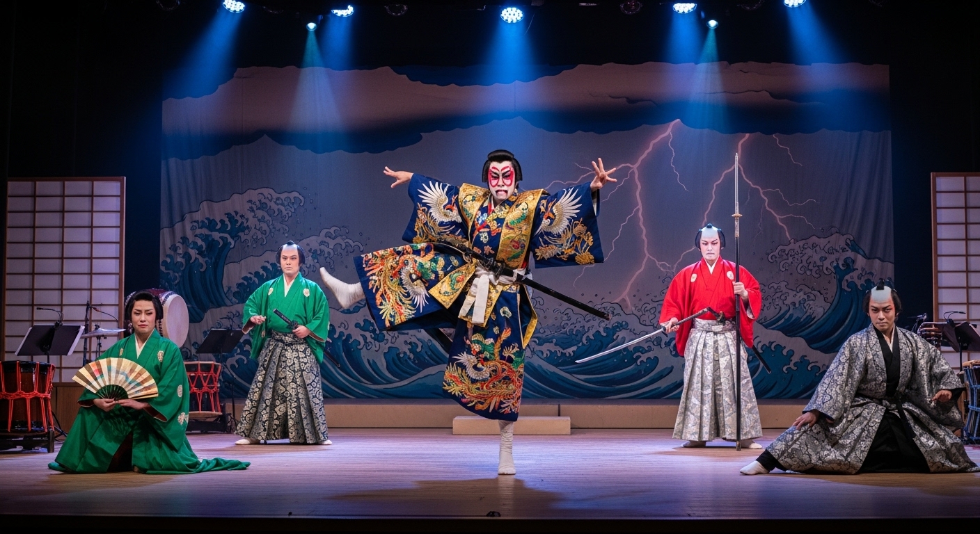 전통적인 아름다움과 현대적 역동성이 어우러진 일본 가부키 무대 공연