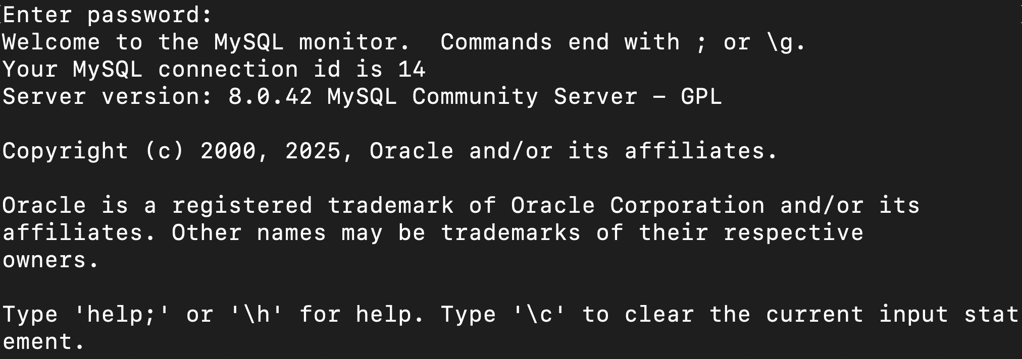 MySQL 접속 성공한 모습이다.