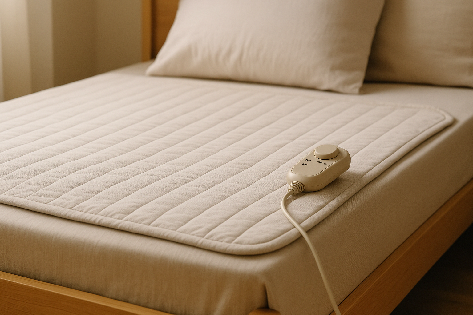 조절기를 LOW로 두고 전원선을 침대 가장자리로 안전하게 빼낸 전기요의 배선 모습