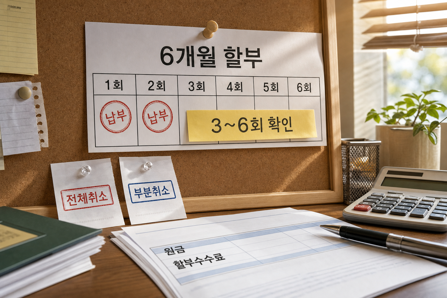 6개월 할부에서 낸 회차와 앞으로 낼 회차를 구분하는 설명용 장면.
