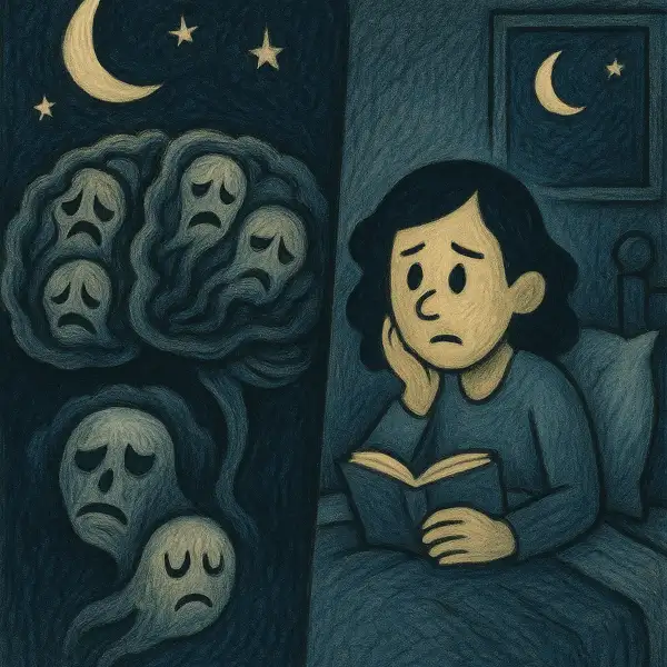 밤에 불안과 걱정이 증폭되는 뇌의 모습을 상징적으로 표현한 일러스트 — 의인화된 고통스러운 감정들이 뇌 속을 떠다니는 장면