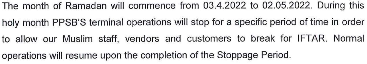 라마단 기간동안 컨테이너 터미널 작업에 지장이 있다는 공지사항