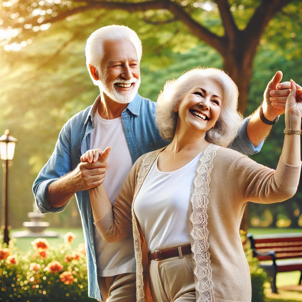노인 두 사람이 건강한 모습으로 춤을 주고 있는 이미지