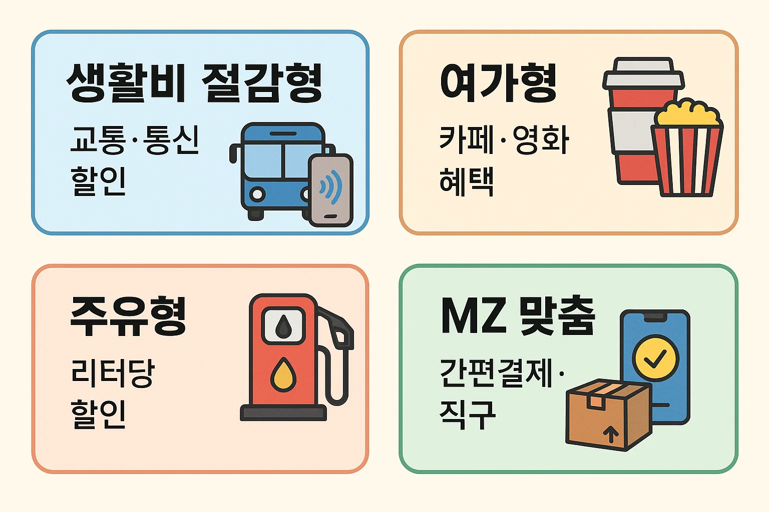 농협 신용카드를 생활비 절감형, 여가형, 주유형, MZ맞춤형으로 구분해 교통&middot;통신&middot;카페&middot;영화&middot;주유&middot;간편결제 등 주요 혜택을 정리한 인포그래픽. 2025년 NH카드 선택 가이드로 활용 가능한 카드 유형별 비교표 이미지.