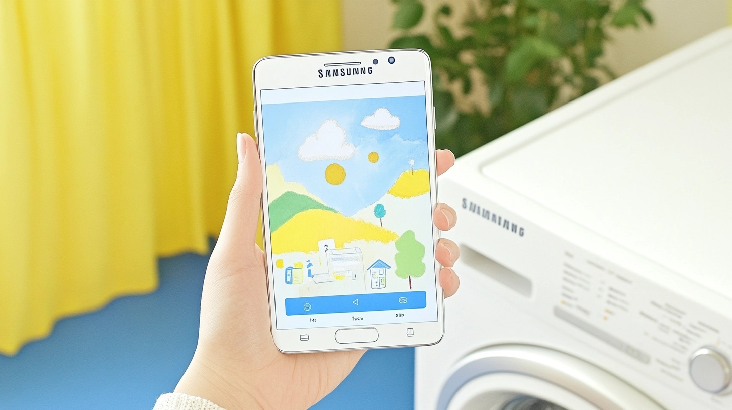 삼성 스마트싱스 앱을 사용하여 세탁기를 원격으로 제어하며 만족스러운 미소를 짓고 있는 사용자의 클로즈업 이미지'