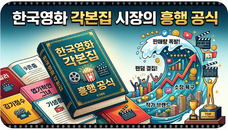 한국영화 각본집 도서들이 쌓여 있고, 우측에는 상승하는 매출 그래프와 팬덤 반응을 표현한 파도 그래픽이 어우러져 각본집 시장의 흥행 열풍을 보여주는 썸네일 이미지입니다.