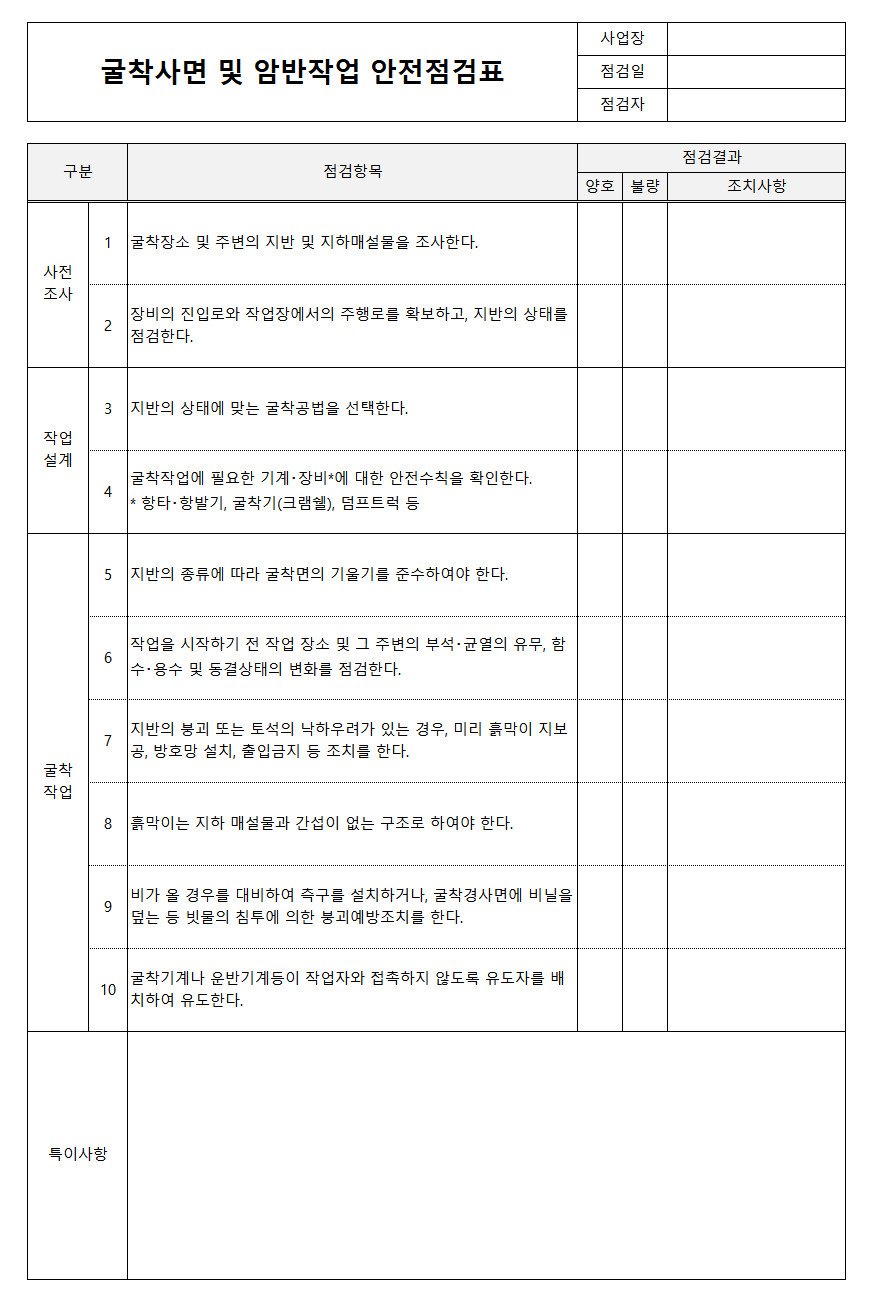 굴착사면 및 암반작업 안전점검표 양식
