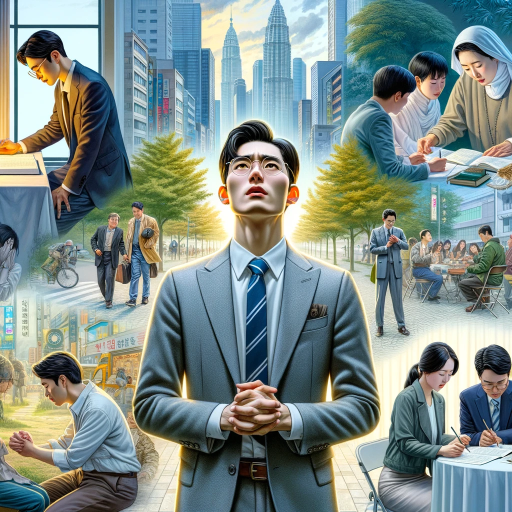 하나님을 깊이 사랑하며 영혼을 사랑하는 기도와 전도에 헌신하는 모습을 담은 이미지가 있습니다. 다양한 환경 속에서 기도하고, 사람들과 의미 있는 대화를 나누며 복음을 전하는 모습이 그려져 있습니다.