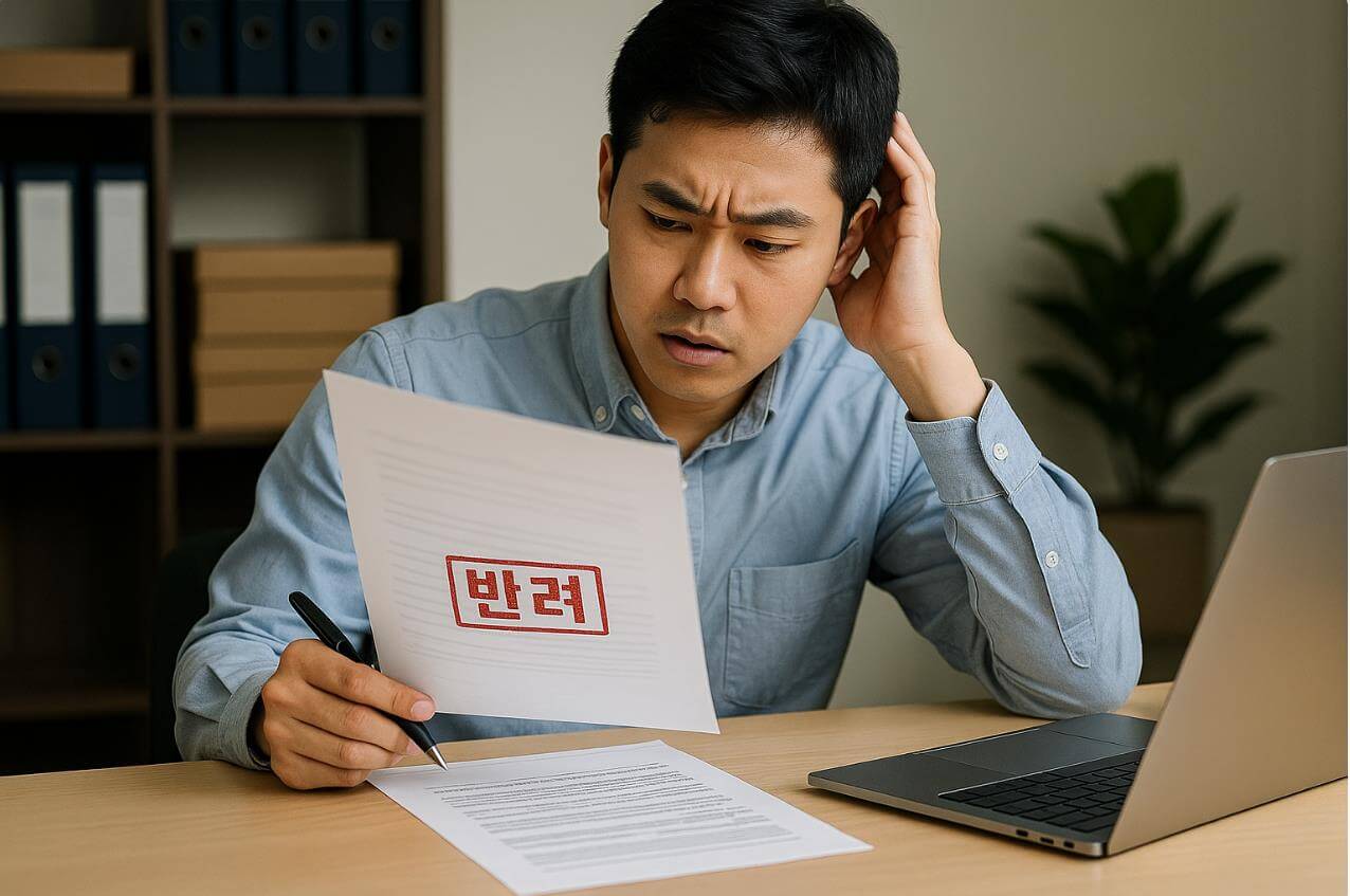 직장인이 반려된 서류를 보고 당황하지만 다시 수정하는 장면.