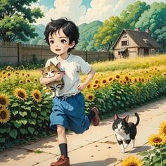 남자아이가-고양이를-안고-해바라기-사이로-뛰어가는-모습