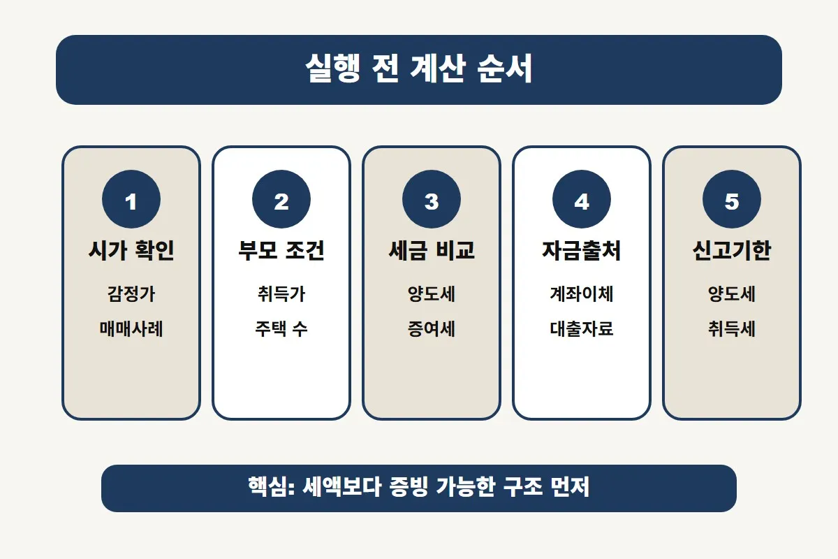 양도소득세 vs 증여세 2025년 기준 비교 전에 시가, 부모 조건, 세금, 자금출처, 신고기한을 순서대로 점검하도록 정리한 이미지