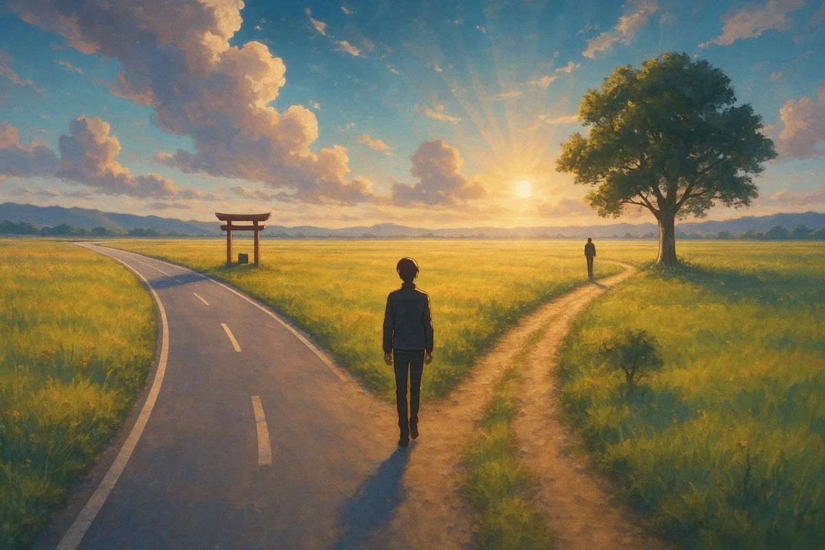 두 길로 나뉜 도로와 희망적인 미래를 상징하는 이미지