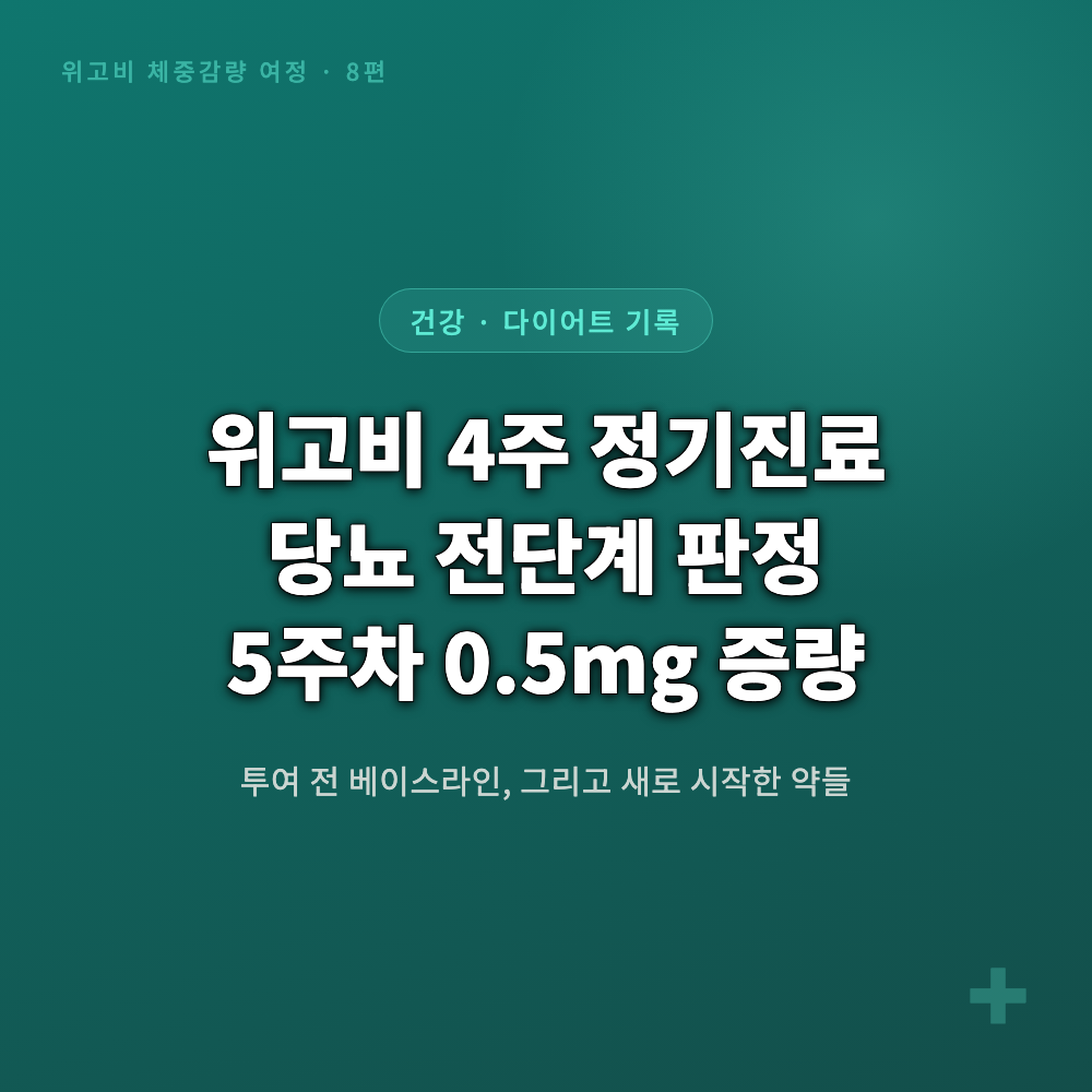 위고비 4주차 정기진료 후 처방받은 약봉투와 세마글루타이드 펜, 당뇨 전단계 진단을 상징하는 대표 이미지