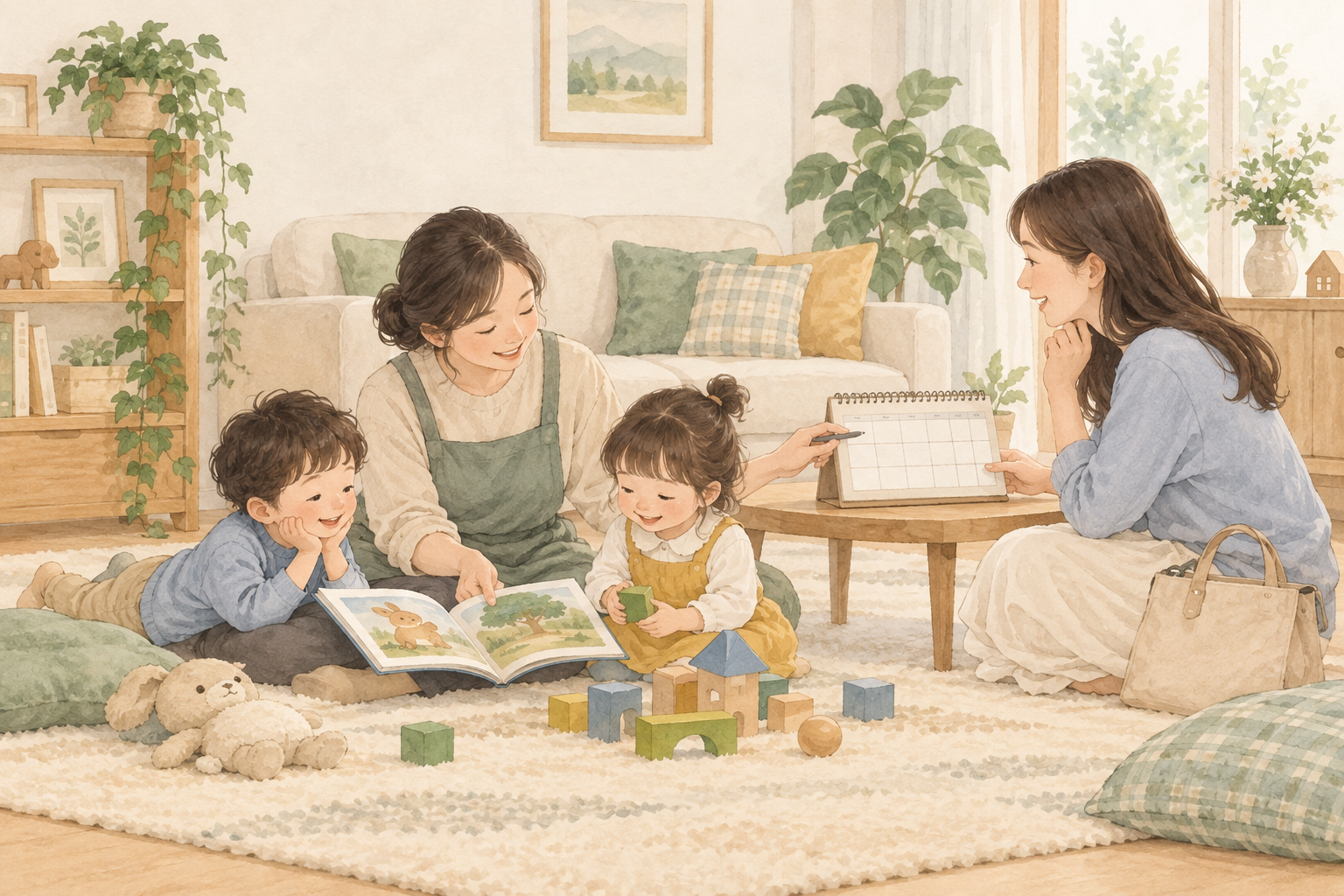 아이들과 책을 읽는 돌봄 선생님과 일정을 의논하는 보호자의 수채화 삽화