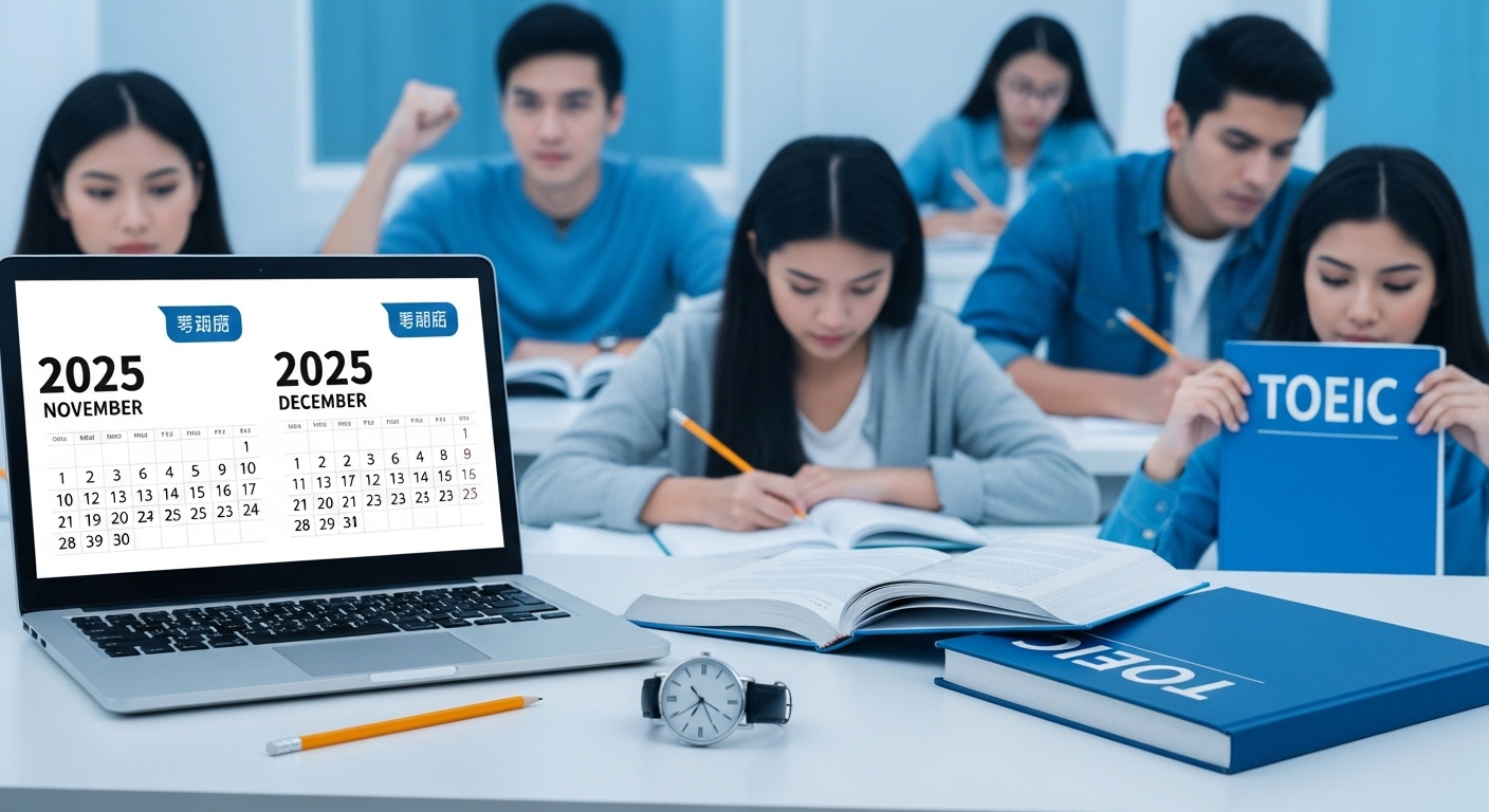 2025년 11월과 12월 토익 시험 일정을 보여주는 노트북과 토익 교재, 연필, 아날로그 시계가 놓인 책상. 시험 준비의 집중과 성공을 암시하는 이미지.