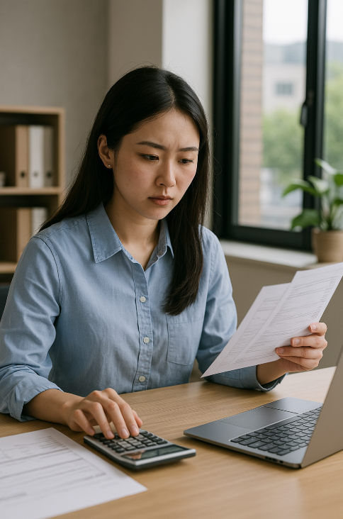 서류와 계산기로 보험료를 정리하는 직장인 여성의 모습