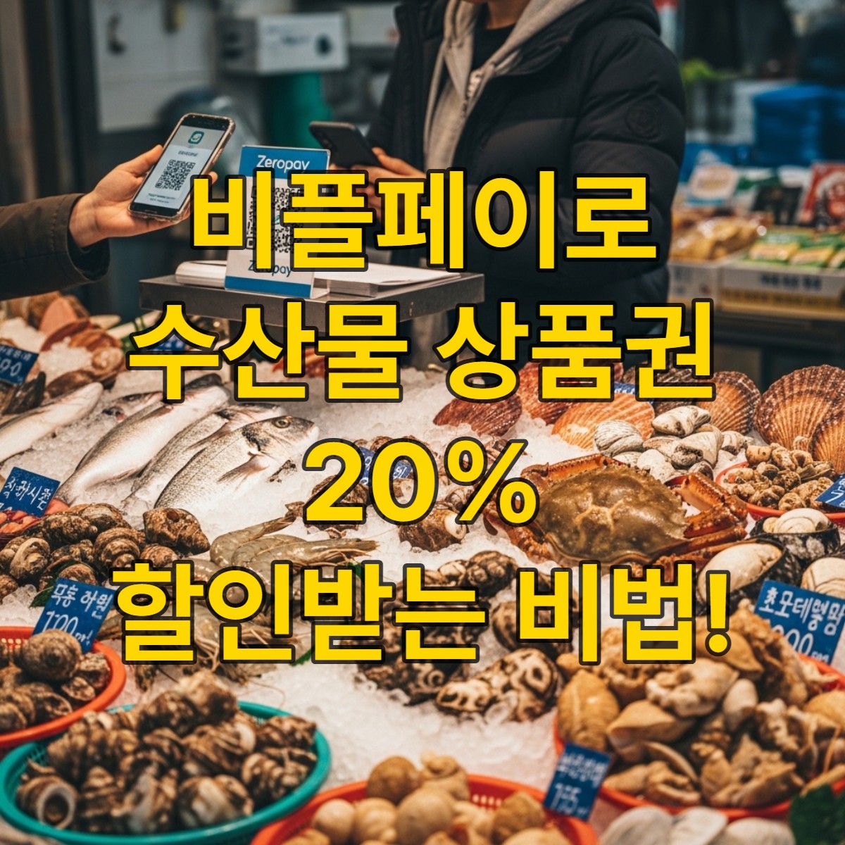 신선한 해산물이 가득한 전통 시장에서 소비자가 스마트폰으로 제로페이 결제하는 모습.