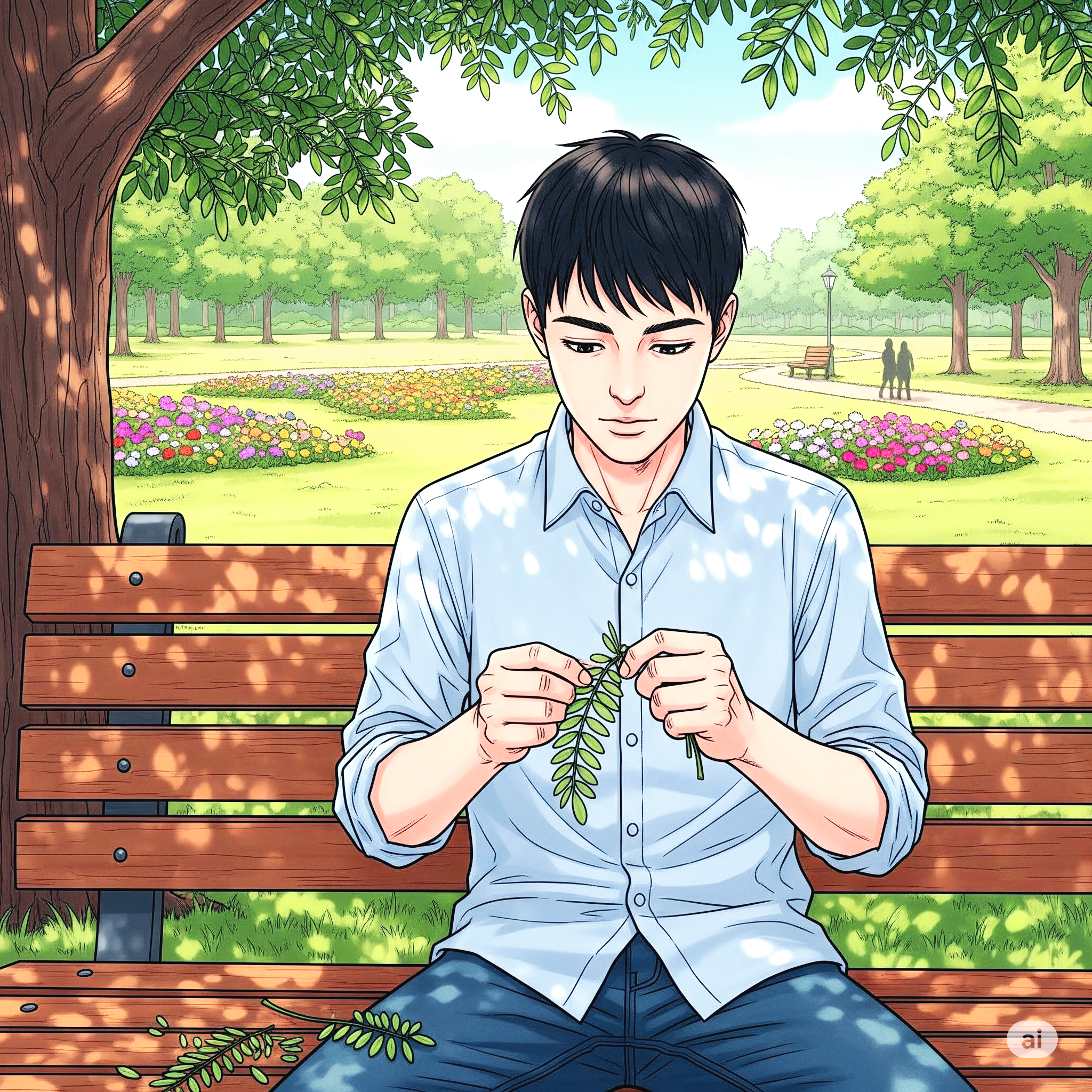 공원에서 좋아하는 사람을 기다리는 남자