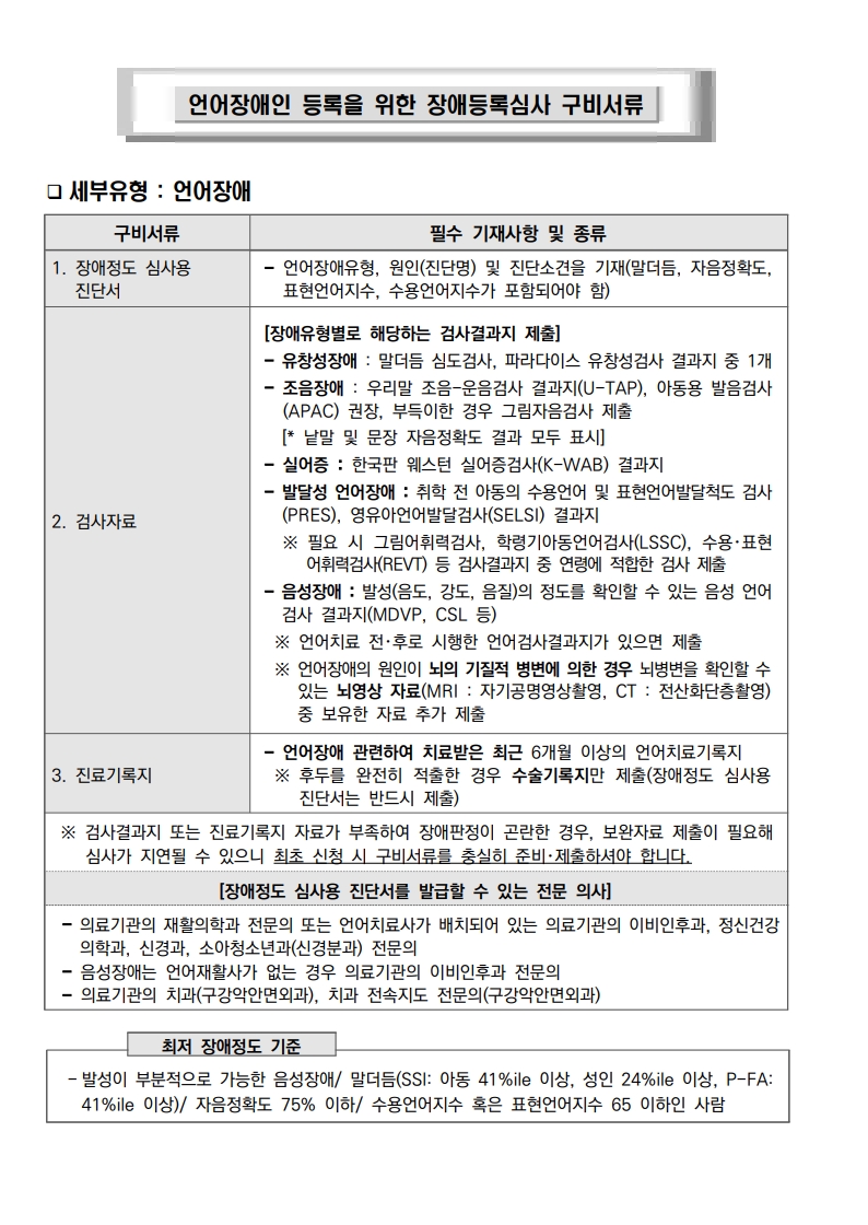 언어장애 등록을 위한 장애등록심사 구비서류