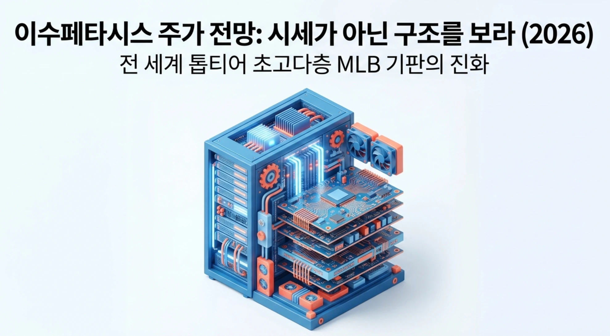 이수페타시스 주가 전망을 다룬 대표 이미지로, 여러 층으로 분리된 초고다층 MLB 기판과 AI 서버가 입체적으로 표현되어 있다. 이 이미지는 구글 TPU8 채택과 다중적층 전환이라는 핵심 성장 동력을 시각적으로 전달하며, 전 세계 톱티어 초고다층 MLB 기판 기업인 이수페타시스의 사업 구조와 주가 전망을 설명한다.