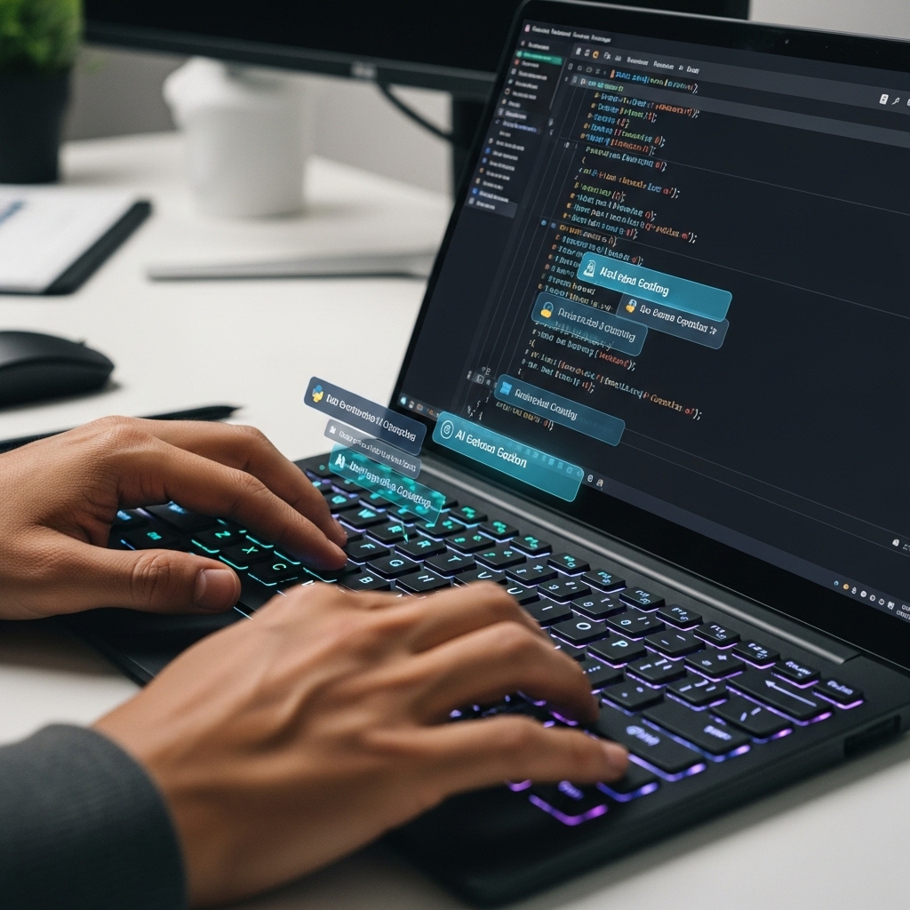 개발자의 손이 키보드를 타이핑하고 있으며, 화면에 AI가 코드를 자동 완성하는 모습3