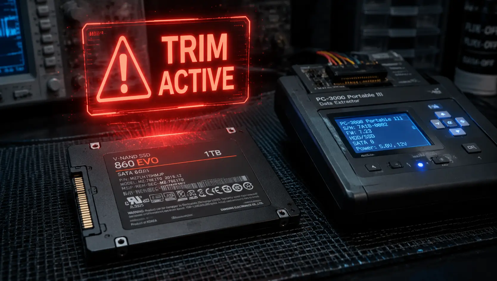 SSD TRIM 기능으로 인해 데이터가 영구 삭제되는 위험성을 경고하는 하드웨어 복구 환경