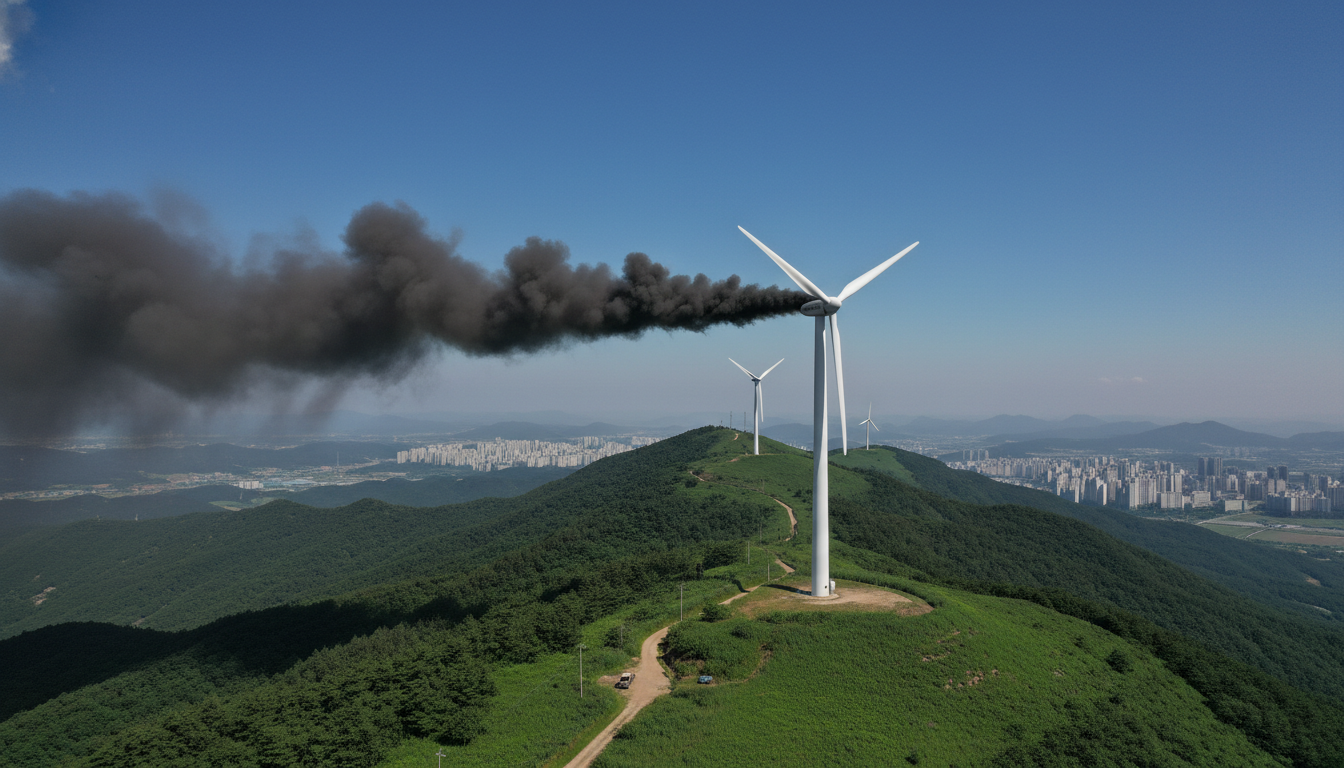 양산의 푸른 산 능선 위에 설치된 풍력발전기 나셀에서 검은 연기가 피어오르고 있는 화재 사고 현장