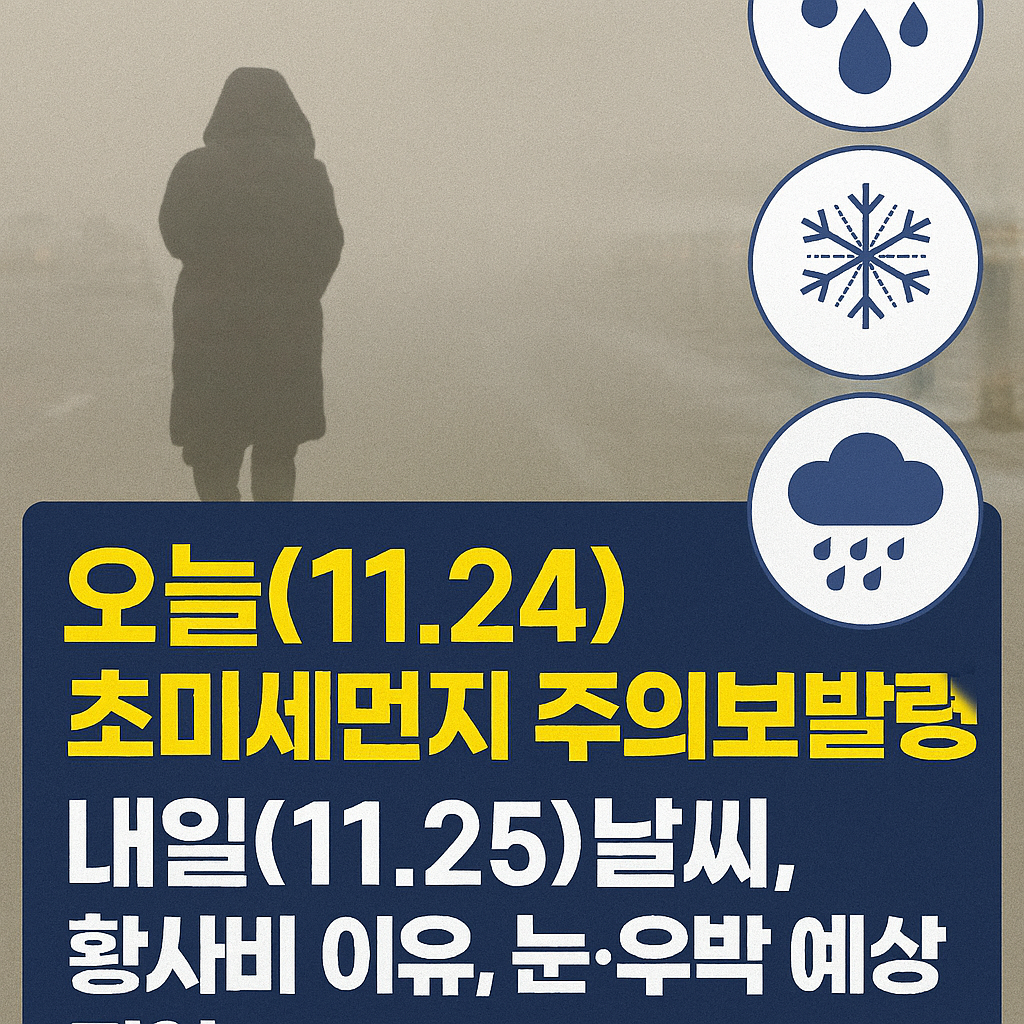 오늘(11.24) 초미세먼지 주의보 발령, 내일(11.25) 날씨, 황사비 이유, 눈, 우박 예상 지역