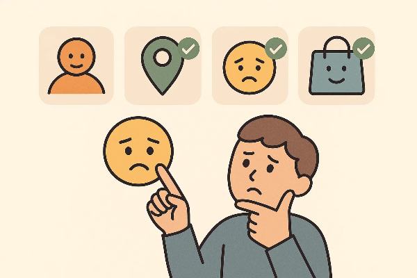 감정을 고민하는 남성 캐릭터와 다양한 감정 아이콘들을 체크리스트처럼 배열한 일러스트, 감정 인식과 선택을 상징적으로 표현