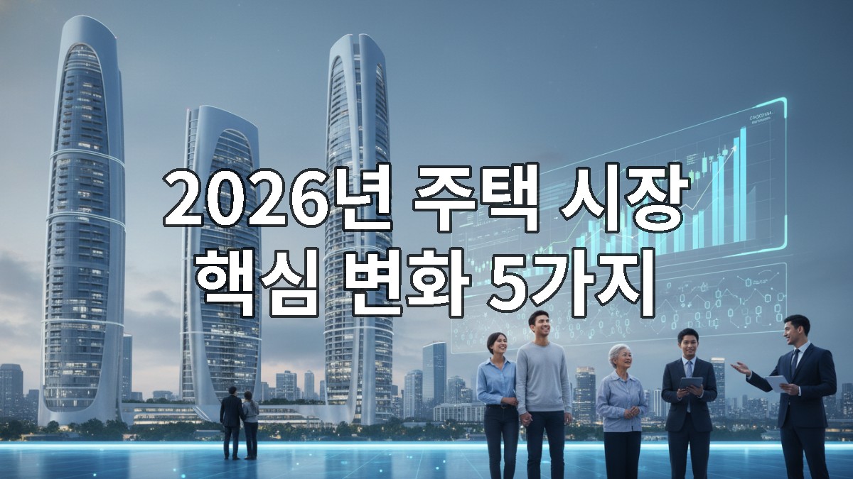 2026년 주택 시장을 바라보는 다양한 연령대의 사람들과 미래 도시 전경