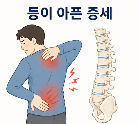 등 부위를 짚고 통증을 느끼는 사람과 척추 그림으로 표현한 등이 아픈 증세 안내 이미지